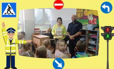 Bibliotekarz i policjant prezentują książki Elżbiety Zubrzyckiej „Jak przechodzić przez ulicę” przedszkolakom